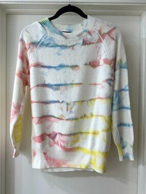 Line the Label White Rainbow Watercolor Tie Dye Cotton Sweater, Size Small